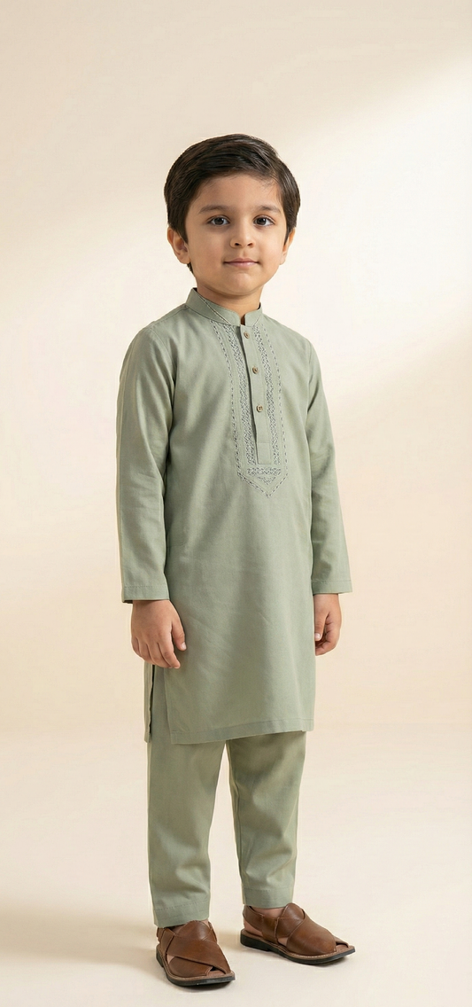 Boys' Traditional Teal Embroidered Stitch Shalwar Kameez Set Ready to wear