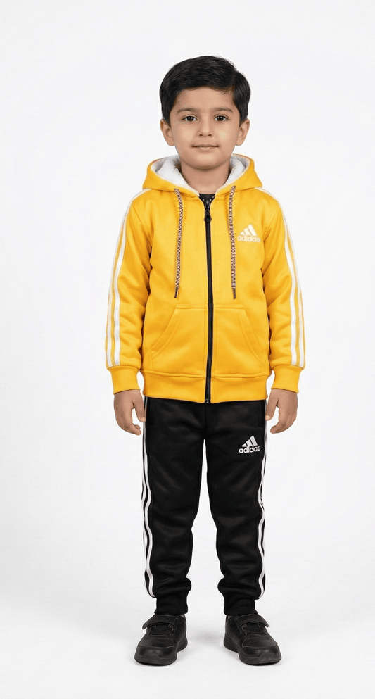 Premium Kids Winter Tracksuit | 300GSM Heavy Fleece Zipper Hoodie & Trouser Set | Yellow & Grey | Red