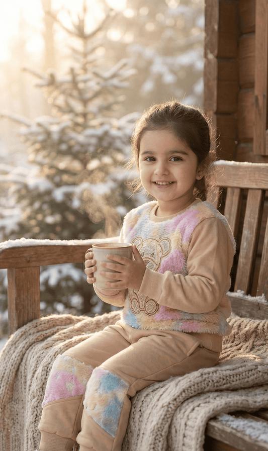 Girls Beige & Pastel Tie-Dye Faux Fur Tracksuit Set with Rhinestone Teddy Bear