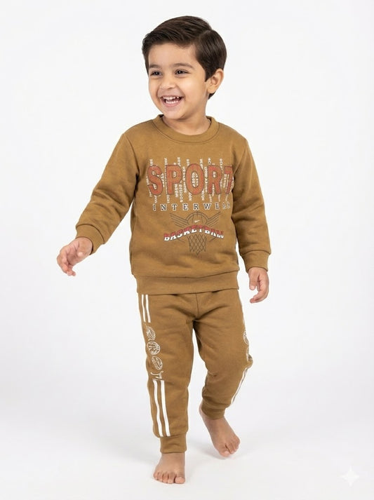 Boys' Premium Winter Fleece Tracksuit – Mustard "Basketball Sport" Edition (2-Piece Set)